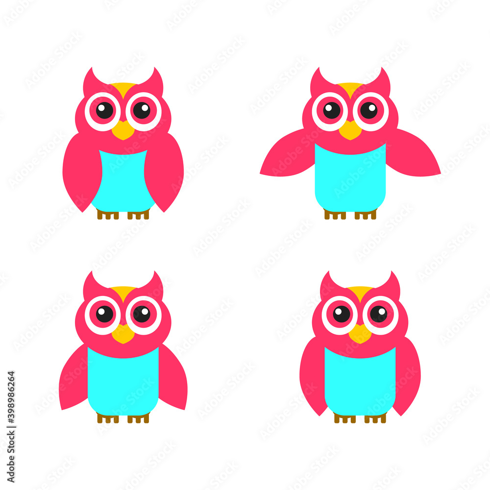 Fototapeta premium Owl icon set, colorful isolated on white background, vector illustration.