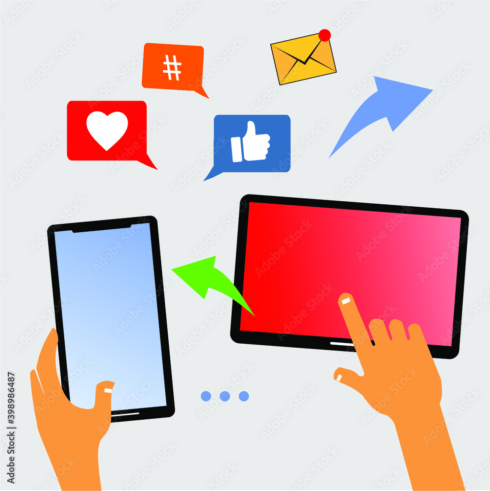 hands, tablets, smartphones and various icons on it hands, tablets, smartphones and various icons on it