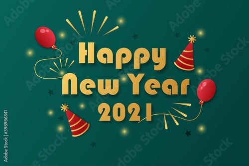 Happy new year 2021 on a green background. Greeting card with red balloons and gift illustration.Design template Celebration typography poster, banner or greeting card and happy new year.