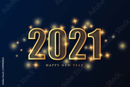 Happy new year 2021 with gold color and navy blue background. Elegant greeting card with shining stars.