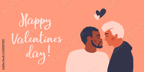 Male gay homosexual couple. African american black man kissing caucasian white man. Lgbt love concept. Vector greeting card or poster for Valentine's Day! Transgender or queer men.