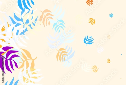 Light Blue  Yellow vector doodle backdrop with leaves.