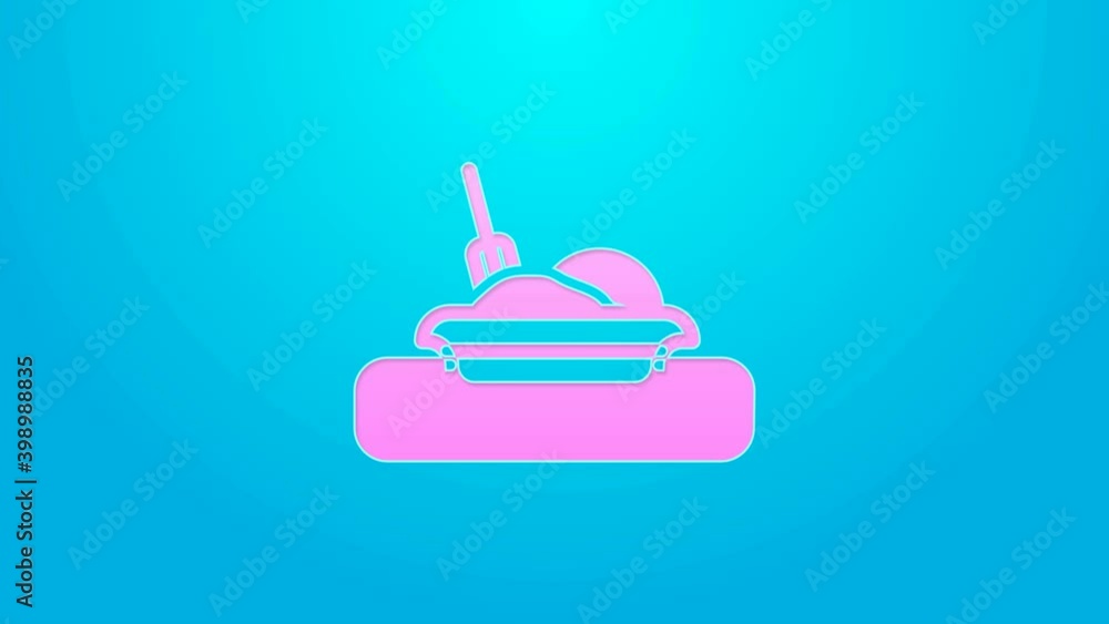 Pink line Plate, fork and knife icon isolated on blue background. Cutlery symbol. Restaurant sign. 4K Video motion graphic animation Pink line Plate, fork and knife icon isolated on blue background. Cutlery symbol. Restaurant sign. 4K Video motion graphic animation