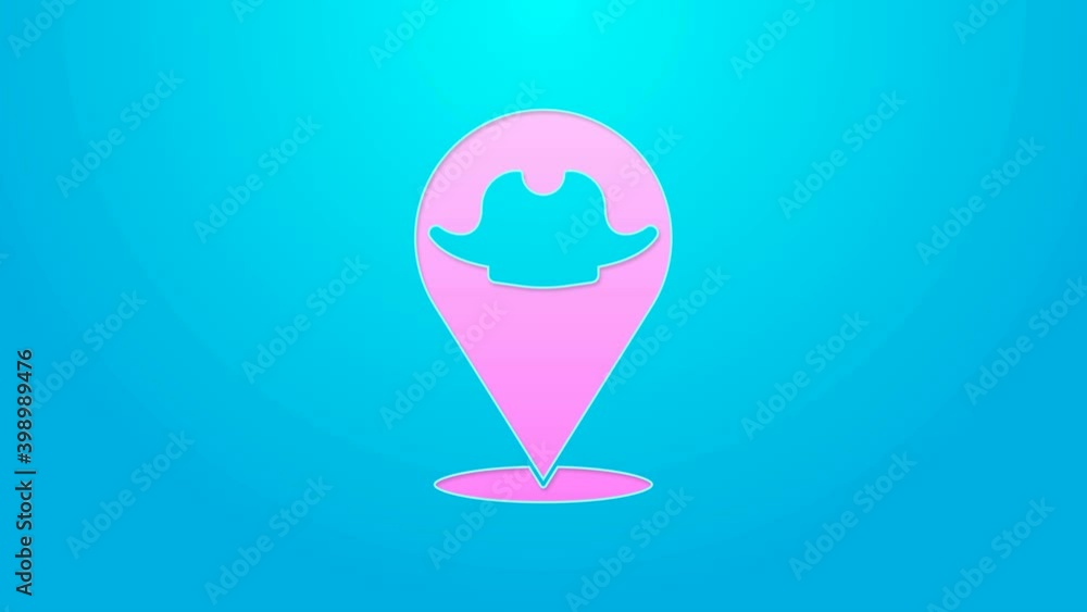 Pink line Location pirate icon isolated on blue background. 4K Video motion graphic animation Pink line Location pirate icon isolated on blue background. 4K Video motion graphic animation
