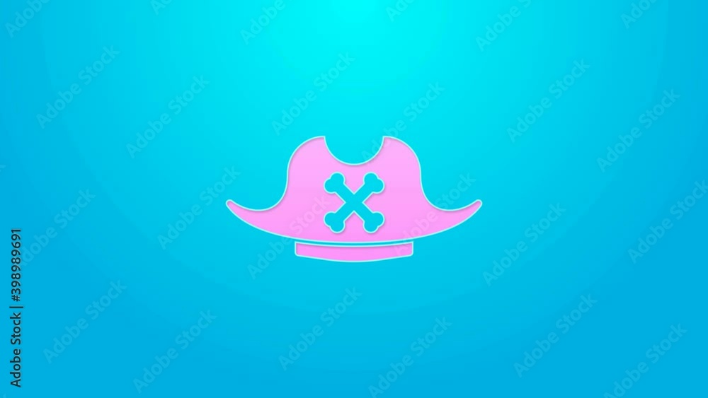 Pink line Pirate hat icon isolated on blue background. 4K Video motion graphic animation Pink line Pirate hat icon isolated on blue background. 4K Video motion graphic animation