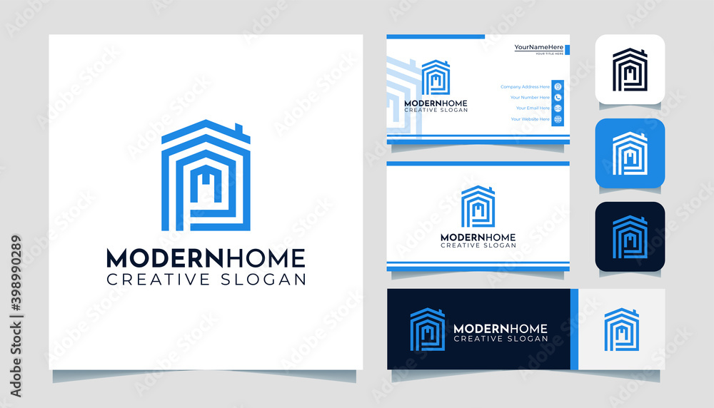 Modern home line letter m logo and business card