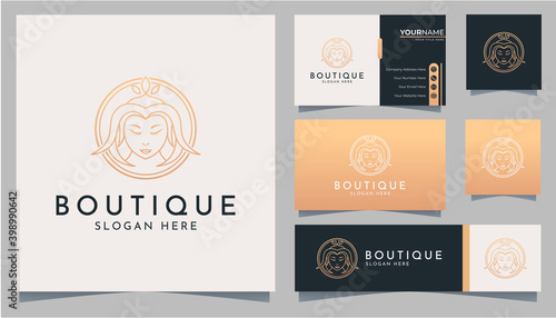 Elegant woman head line art logo and business card