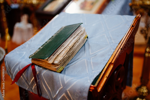old prayer book. Lectern is a stand for icons and books. Orthodox Church. 
