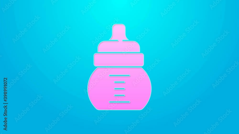 Pink line Baby bottle icon isolated on blue background. Feeding bottle icon. Milk bottle sign. 4K Video motion graphic animation Pink line Baby bottle icon isolated on blue background. Feeding bottle icon. Milk bottle sign. 4K Video motion graphic animation