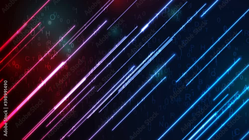 Futuristic technology neon abstract motion background with binary code numbers, letters and glowing laser lines. Seamless looping. Video animation Ultra HD 4K 3840x2160 Futuristic technology neon abstract motion background with binary code numbers, letters and glowing laser lines. Seamless looping. Video animation Ultra HD 4K 3840x2160