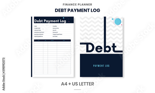 Minimalist Personal Finance planner Debt Payment Log pages templates collection set of vector paper A4 and US Letter Ai, EPS 10 File