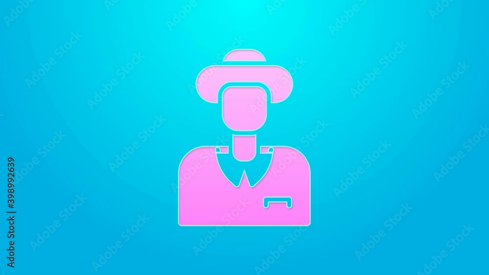 Pink line Tourist icon isolated on blue background. Travelling, vacation, tourism concept. 4K Video motion graphic animation Pink line Tourist icon isolated on blue background. Travelling, vacation, tourism concept. 4K Video motion graphic animation