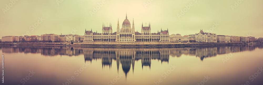 Panorama Hungarian parliament near Danube river in Budapest. Hungary