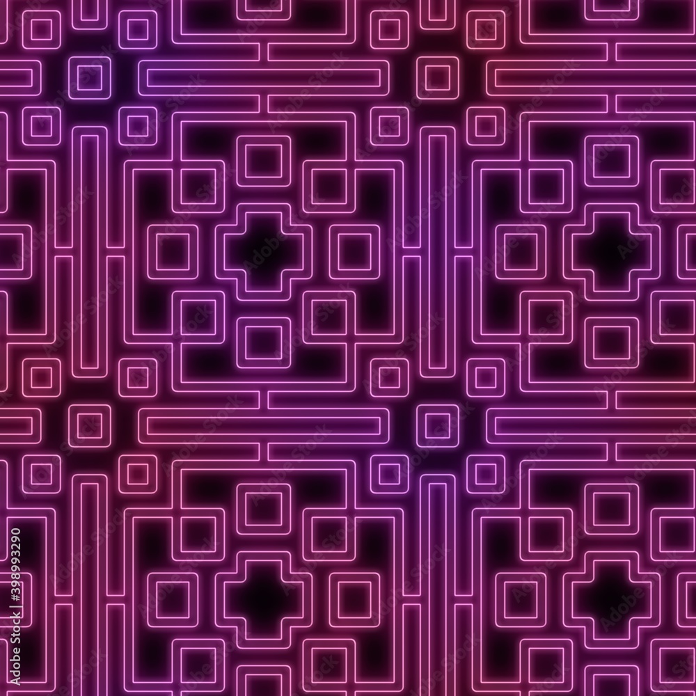 Neon light on black geometric shape seamless repeat pattern. High quality illustration. Funky nightlife retro revival design. Futuristic geo dramatic glow lighting. Neon light on black geometric shape seamless repeat pattern. High quality illustration. Funky nightlife retro revival design. Futuristic geo dramatic glow lighting.
