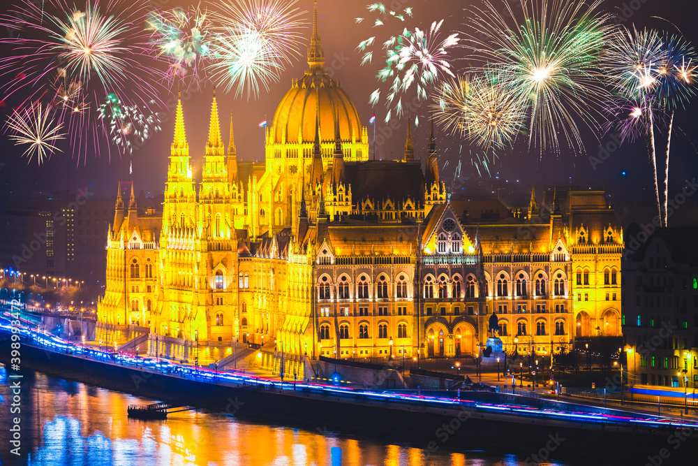 Fireworks display at Hungarian Parliament in Budapest