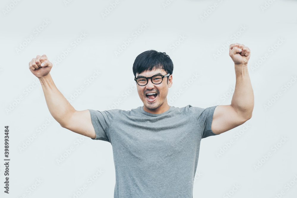 Fototapeta premium adult asian man.young male wear eye glasses.posing smiling look excited surprised thinking position happy joy life.empty,copy space for text advertising.white background.attractive fashion people