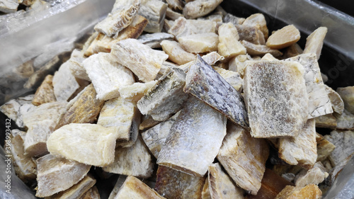 Dried salted fish display on market