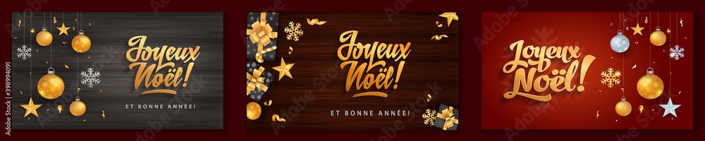 Joyeux Noel - Merry christmas in french language wood card template bundle set glitter gold elements, snowflakes, stars and calligraphy