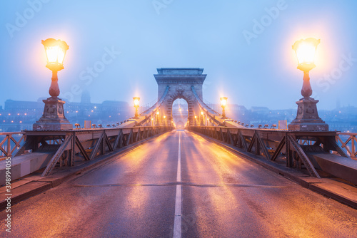 Chain Bridge after heavy rain in Budapest. Hungary 
