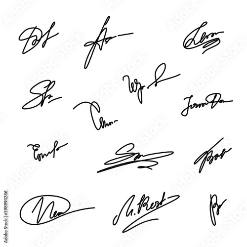 Personal signature, autographs set, one single line on a white background, continuous line drawing, hand drawn vector illustration. Collection of business contract signatures.
