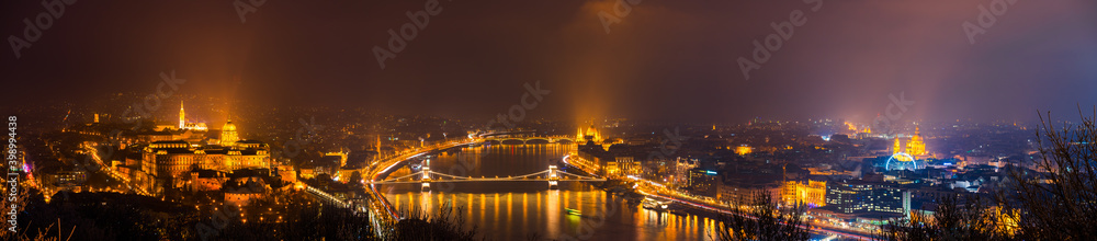 Evening skyline panorama of Budapest landmarks. Hungary