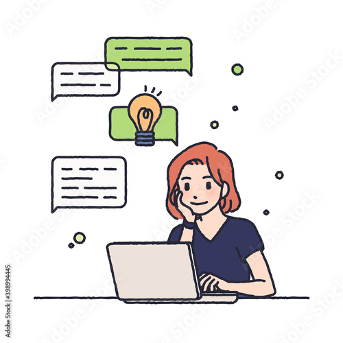 Woman Working at Home Office. Character Sitting at Desk in Room, Looking at Computer Screen and Talking with Colleagues Online. Home Office Concept.
designed with a team discussing wonderful ideas thr