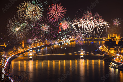 Fireworks near Chain bridge in Budapest. Hungary 