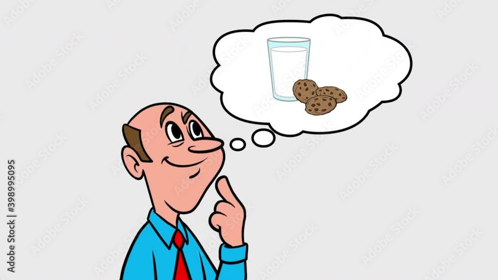 Man thinking about Milk and Cookies - 4k Animation with Alpha Channel, no background. Man thinking about Milk and Cookies - 4k Animation with Alpha Channel, no background.