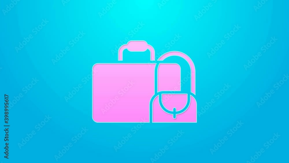 Pink line Suitcase for travel icon isolated on blue background. Traveling baggage sign. Travel luggage icon. 4K Video motion graphic animation Pink line Suitcase for travel icon isolated on blue background. Traveling baggage sign. Travel luggage icon. 4K Video motion graphic animation
