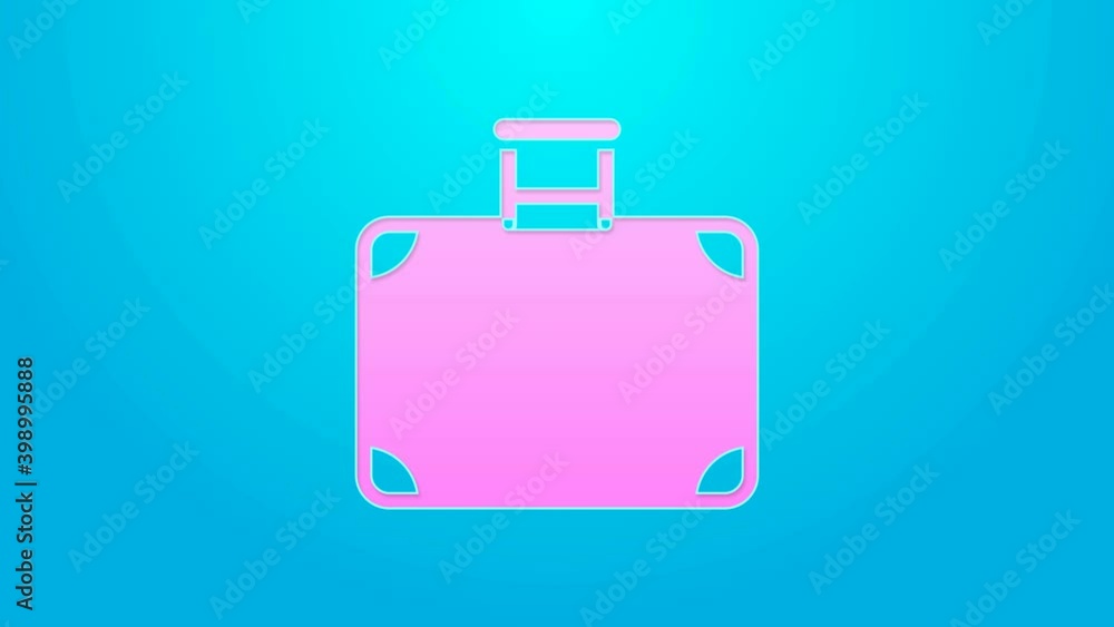 Pink line Suitcase for travel icon isolated on blue background. Traveling baggage sign. Travel luggage icon. 4K Video motion graphic animation Pink line Suitcase for travel icon isolated on blue background. Traveling baggage sign. Travel luggage icon. 4K Video motion graphic animation