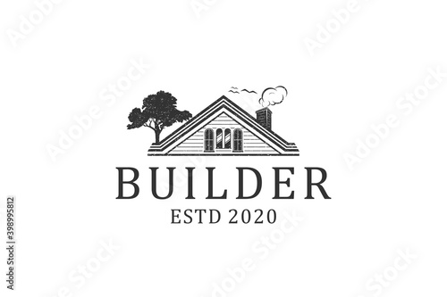 Property logo house design minimalist, vintage style emblem. real estate icon. window and roof element.