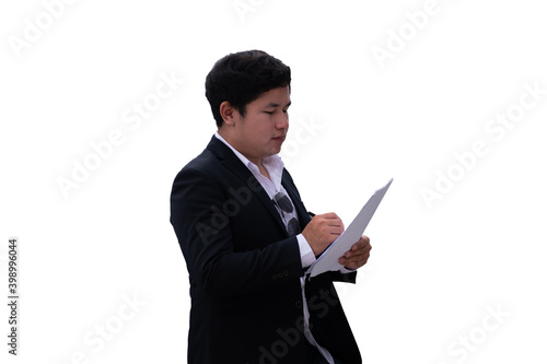 Handsome asian Businessman sign documents. isolated on white background