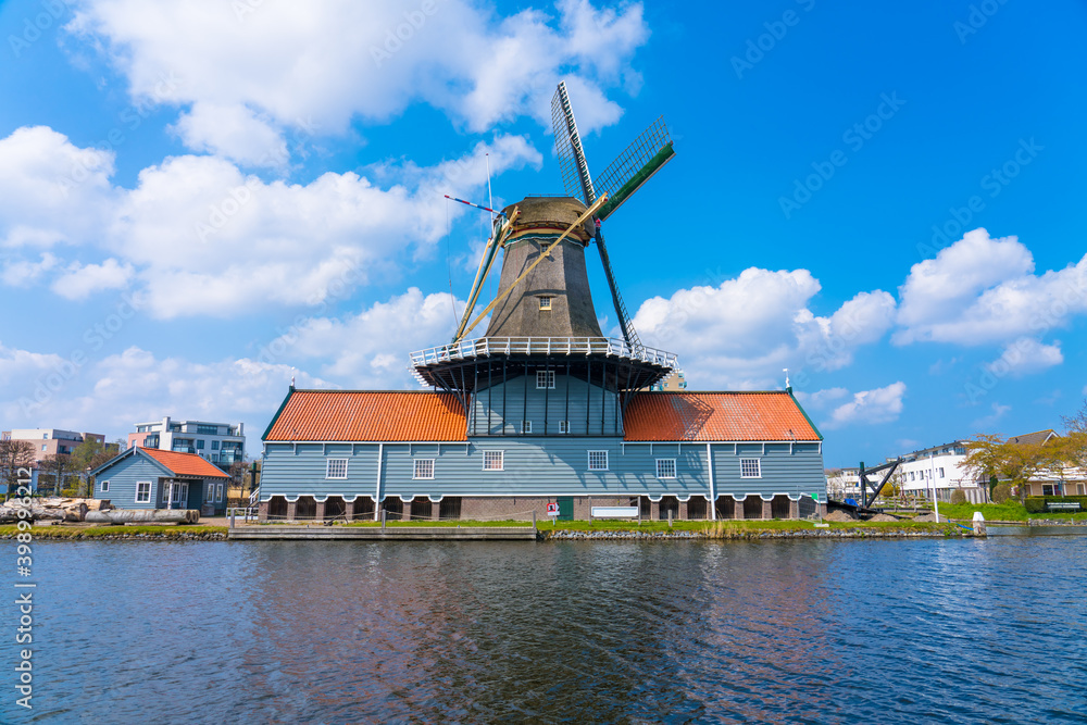 Traditional dutch windmill in Leidschendam town. Netherlands