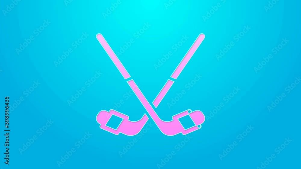 Pink line Ice hockey sticks icon isolated on blue background. 4K Video motion graphic animation Pink line Ice hockey sticks icon isolated on blue background. 4K Video motion graphic animation