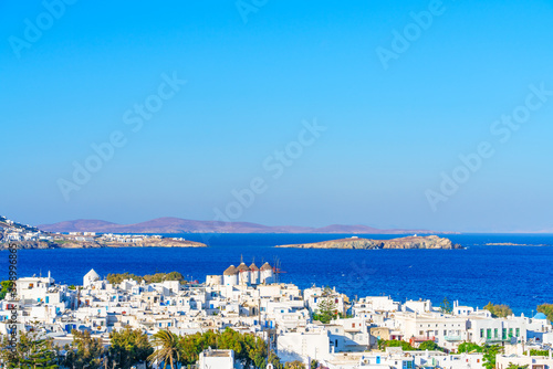 Windmills of Mykonos island with Aegean sea in the background