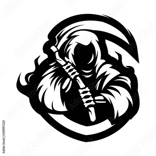 Reaper mascot logo silhouette version. Grim reaper in sport style, mascot logo illustration design vector