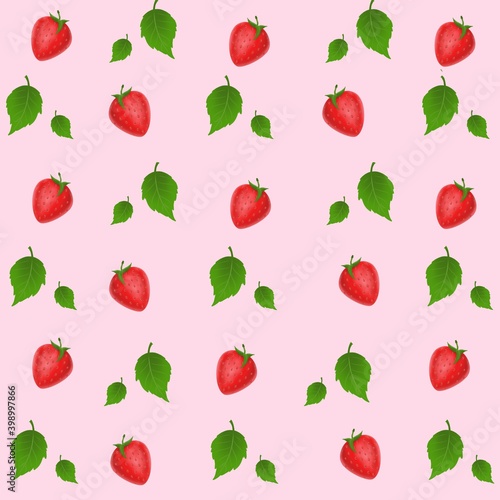 Strawberry seamless pattern and leaves Seamless with light pink background