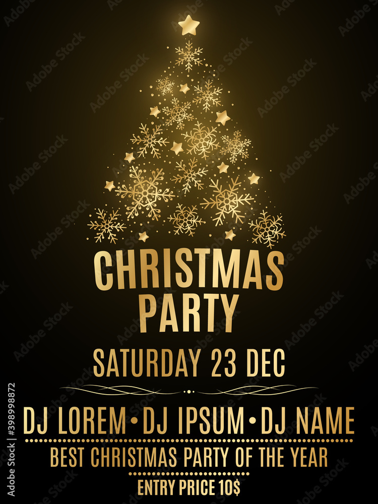 Christmas party flyer. Glittering xmas tree made of golden shining snowflakes on a black background. Festive invitation poster for your club. DJ names. Vector illustration
