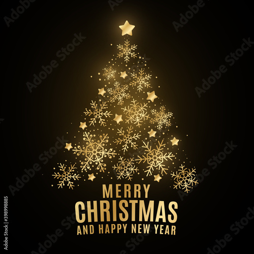 Glittering Christmas tree made of golden shining snowflakes on a black background. Elegant cover for greeting card. Happy New Year. Star decoration. Vector illustration