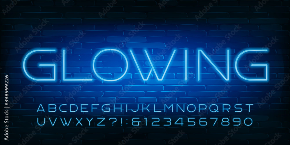 Glowing alphabet font. Blue neon light letters, numbers and symbols. Brick wall background. Stock vector typescript for your design.