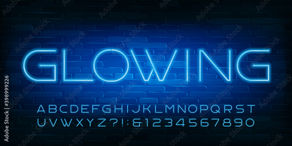 Glowing alphabet font. Blue neon light letters, numbers and symbols. Brick wall background. Stock vector typescript for your design. Glowing alphabet font. Blue neon light letters, numbers and symbols. Brick wall background. Stock vector typescript for your design.