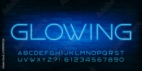 Glowing alphabet font. Blue neon light letters, numbers and symbols. Brick wall background. Stock vector typescript for your design.