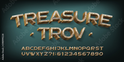 Treasure trov alphabet font. 3d golden letters and numbers with jams. Stock vector typescript for your typography design.