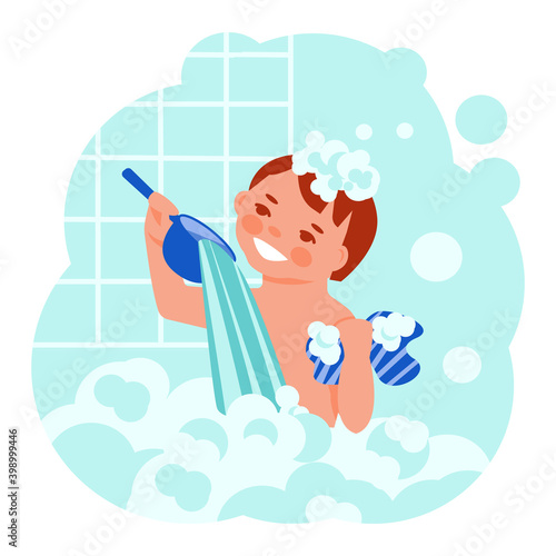A little boy is washed in a bubble bath. Vector concept. Cartoon flat style.