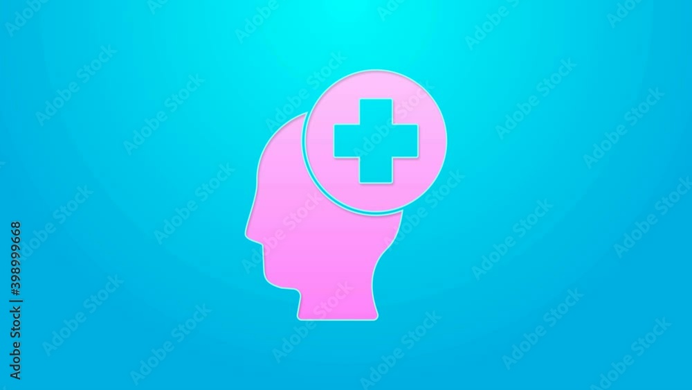 Pink line Male head with hospital icon isolated on blue background. Head with mental health, healthcare and medical sign. 4K Video motion graphic animation Pink line Male head with hospital icon isolated on blue background. Head with mental health, healthcare and medical sign. 4K Video motion graphic animation