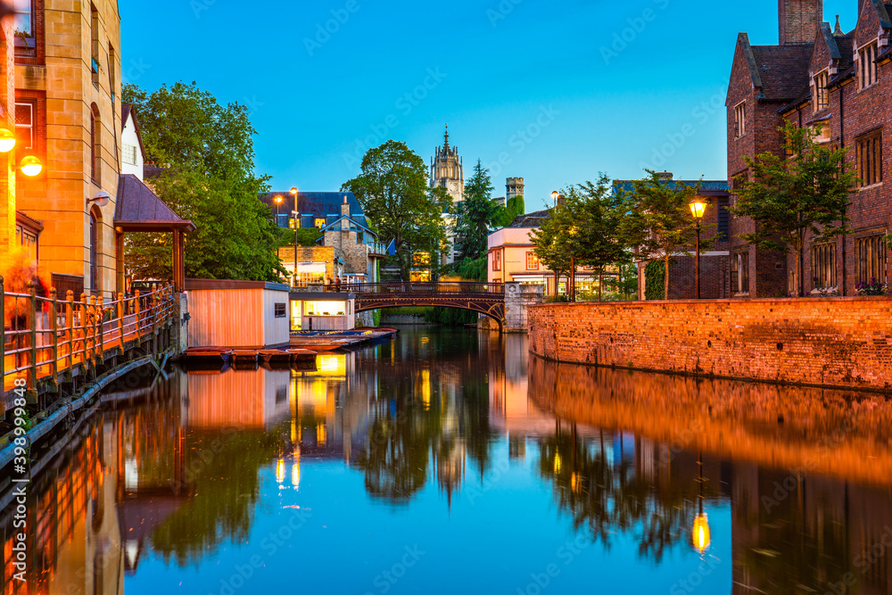 Cambridge city water canal near Magdalene street at dusk. England 