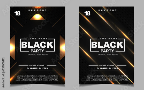 Luxury night dance party music layout cover design template background with elegant black and gold style. Light electro style vector for music event concert disco, club invitation, festival poster