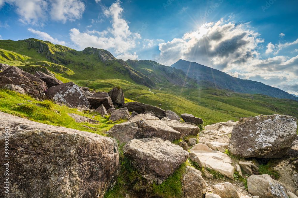 Rock path at Glyder Fawr mountain in Snowdonia, North Wales 