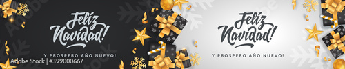 Feliz Navidad - Merry christmas in spanish language white black flat card template glitter gold elements, snowflakes, stars and calligraphy