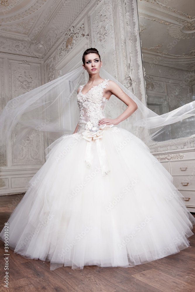 Beautiful bride in a white wedding dress in a light old classic interior Beautiful bride in a white wedding dress in a light old classic interior